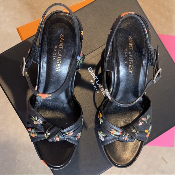 SAINT LAURENT Floral Leather Wedges Black - Picture 4 of 5